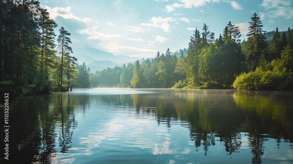 Fototapeta premium A peaceful scene of a lake surrounded by trees with mountains in the background.