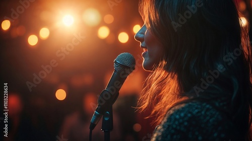  A woman is giving a speech or singing at a microphone on stage. View in profile.

