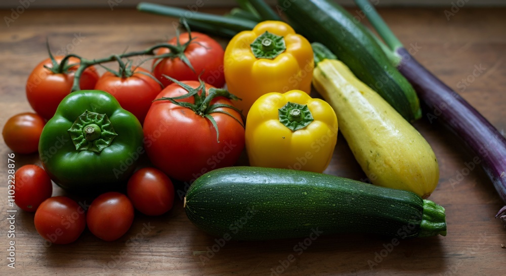 Freshly harvested vegetables arranged neatly on a wooden kitchen counter Freshly harvested vegetables arranged neatly on a wooden kitchen counter
