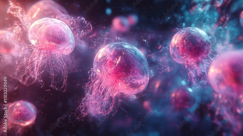 Colorful jellyfish swimming gracefully in a luminous underwater scene, showcasing their delicate forms and vibrant hues. Colorful jellyfish swimming gracefully in a luminous underwater scene, showcasing their delicate forms and vibrant hues.