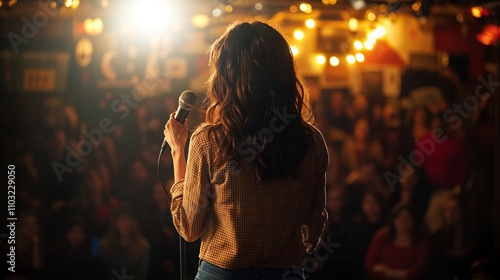  A woman is giving a speech or singing at a microphone on stage. View from the back.
