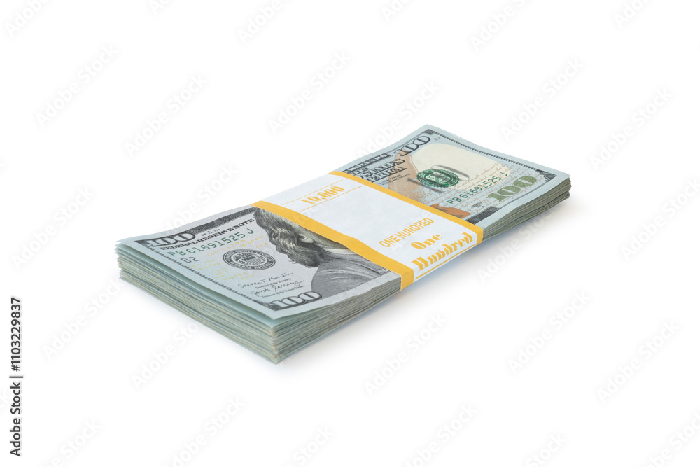 a bundle of American money in a package. American dollars isolated on white background a bundle of American money in a package. American dollars isolated on white background