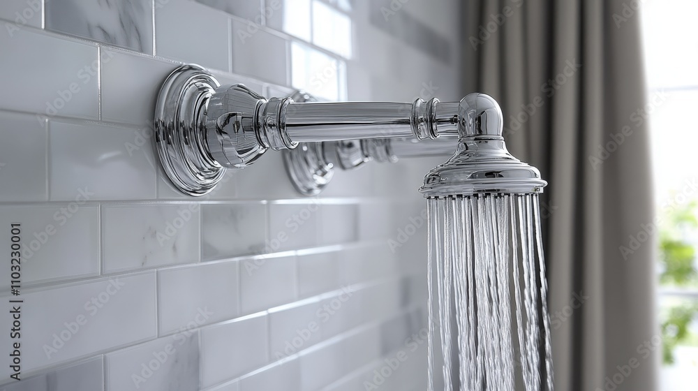 Elegant chrome shower head with water cascading down against a stylish tiled wall.