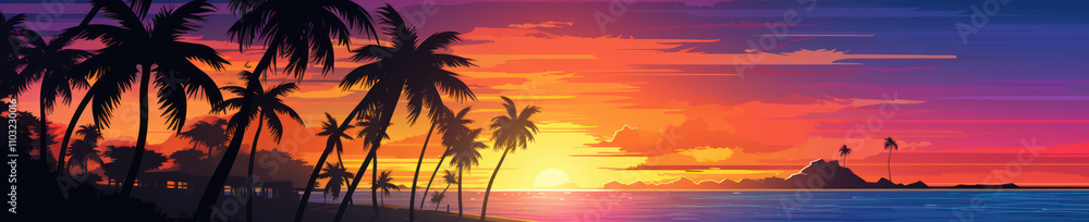 Sunset Over Tropical Beach with Silhouetted Palm Trees and Calm Ocean Waves Capturing the Essence of Paradise and Serenity in a Colorful Landscape Sunset Over Tropical Beach with Silhouetted Palm Trees and Calm Ocean Waves Capturing the Essence of Paradise and Serenity in a Colorful Landscape