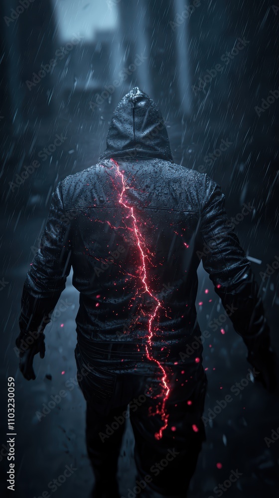 A mysterious figure in a dark hooded jacket stands in the rain, with a striking red crack running down their back, evoking a sense of intrigue and tension. A mysterious figure in a dark hooded jacket stands in the rain, with a striking red crack running down their back, evoking a sense of intrigue and tension.
