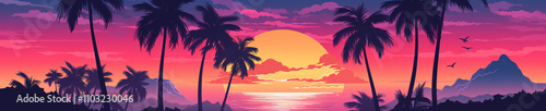 Tropical sunset over the ocean with silhouetted palm trees against a colorful sky featuring orange, pink, and purple hues creating a serene atmosphere.