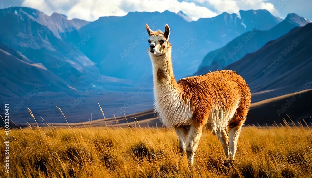 Obraz premium A majestic llama standing in golden grass against a stunning mountain backdrop.