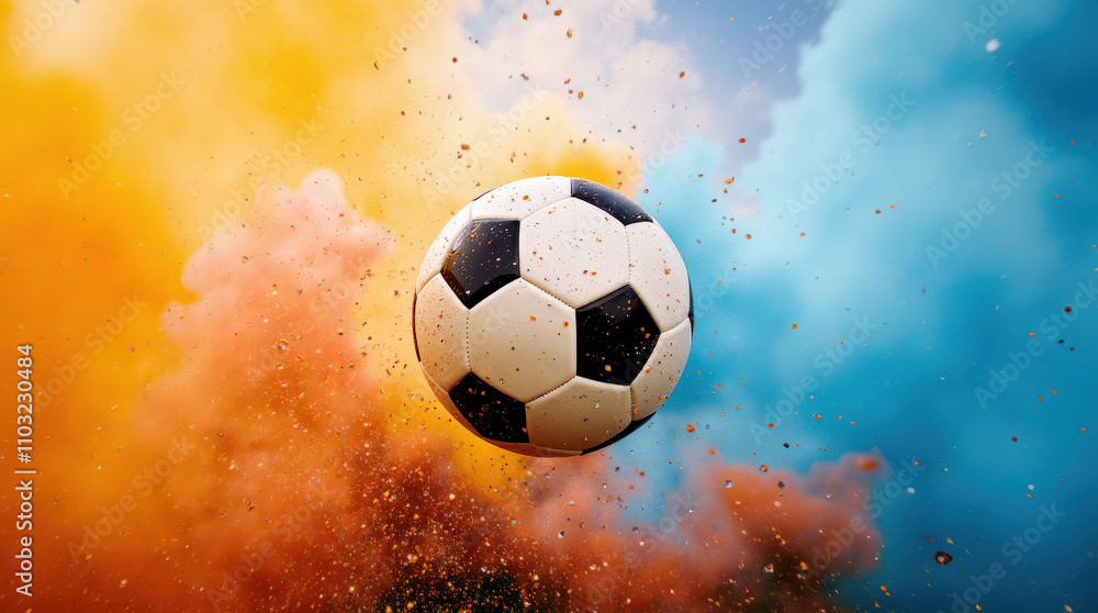 Fototapeta premium Dynamic Soccer Ball Image with Vibrant Colorful Background for Sports and Art Concepts
