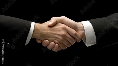 Close-up image of a handshake between two business professionals in formal attire, capturing a moment of agreement, partnership, or successful negotiation