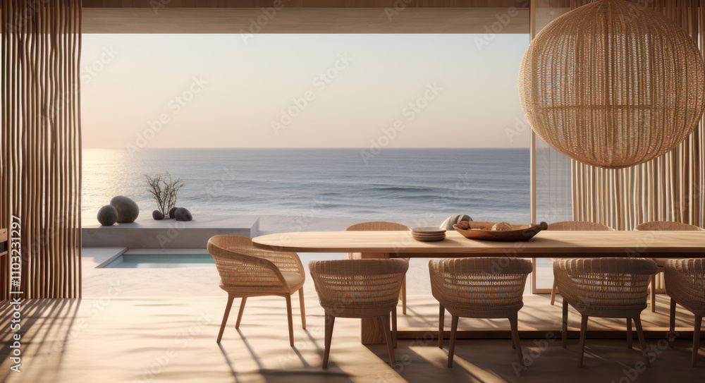Obraz premium A modern coastal dining area with expansive ocean views, featuring elegant natural elements during golden hour, ideal for luxury home decor inspiration