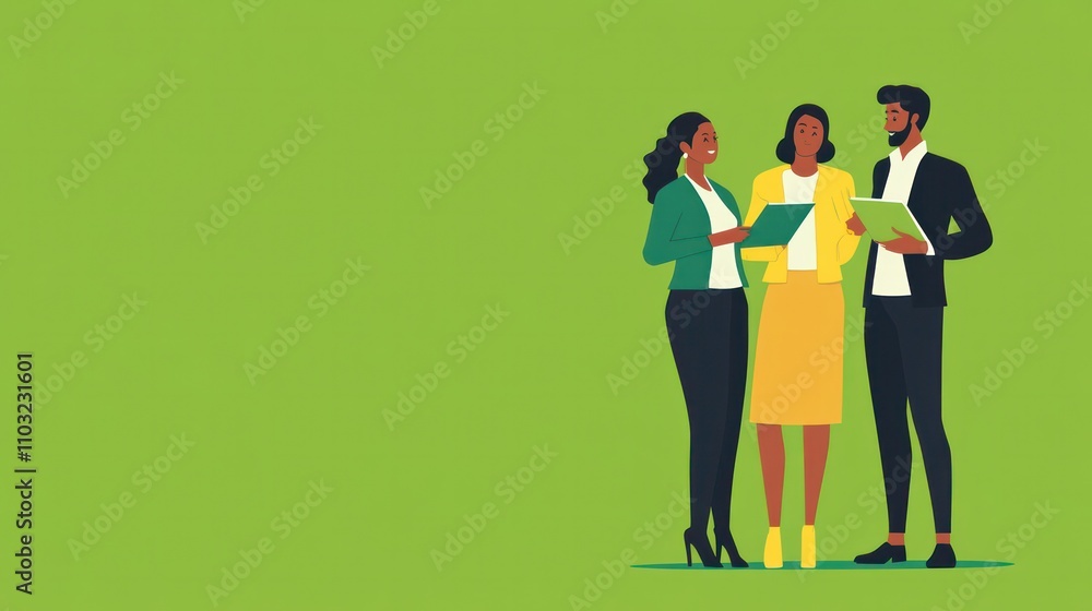 Naklejka premium Professionals supporting each other in the workplace, set on a bold green backdrop for teamwork