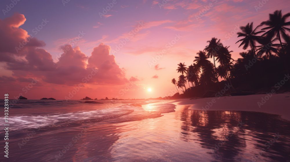 Tropical Beach Sunset with Palm Trees Reflecting on Calm Waters, Creating a Dreamy Atmosphere of Tranquility and Natural Beauty in the Evening Sky Tropical Beach Sunset with Palm Trees Reflecting on Calm Waters, Creating a Dreamy Atmosphere of Tranquility and Natural Beauty in the Evening Sky