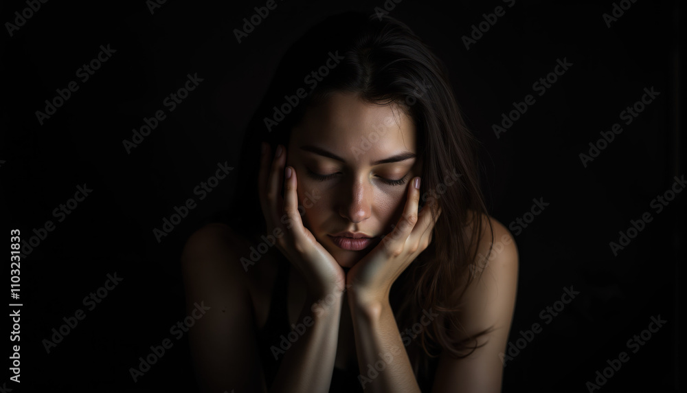 Serene Portrait of a Woman with Closed Eyes Resting Her Face in Hands, Captured in Low-Key Lighting for a Minimalist and Emotional Mood Serene Portrait of a Woman with Closed Eyes Resting Her Face in Hands, Captured in Low-Key Lighting for a Minimalist and Emotional Mood