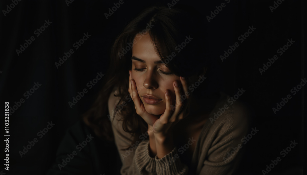 Serene Portrait of a Woman with Closed Eyes Resting Her Face in Hands, Captured in Low-Key Lighting for a Minimalist and Emotional Mood Serene Portrait of a Woman with Closed Eyes Resting Her Face in Hands, Captured in Low-Key Lighting for a Minimalist and Emotional Mood