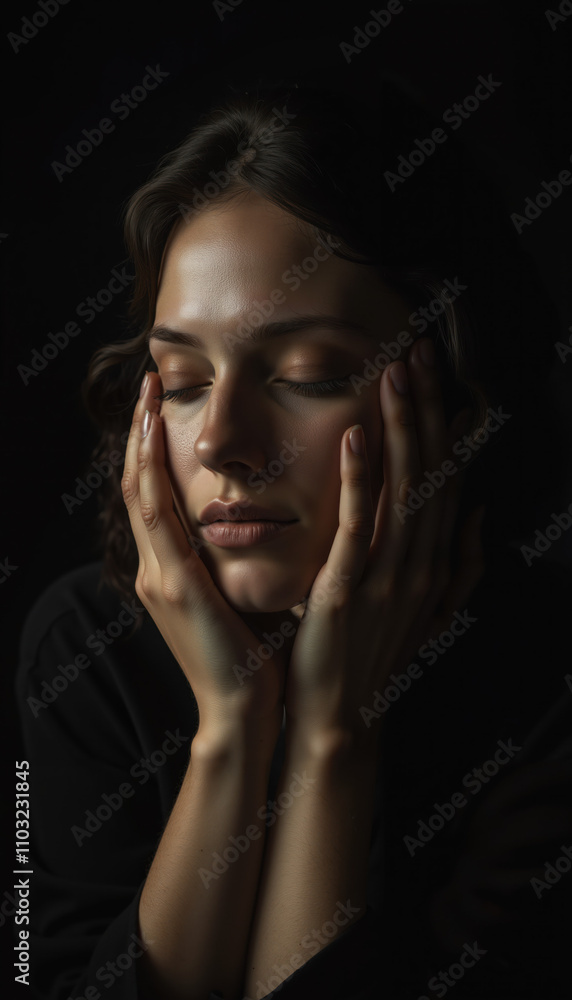 Serene Portrait of a Woman with Closed Eyes Resting Her Face in Hands, Captured in Low-Key Lighting for a Minimalist and Emotional Mood Serene Portrait of a Woman with Closed Eyes Resting Her Face in Hands, Captured in Low-Key Lighting for a Minimalist and Emotional Mood