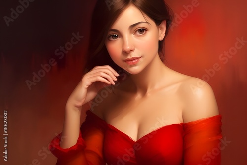 ia generated. portrait of a woman in red tones oil effect. portrait of a lady painted in oil.