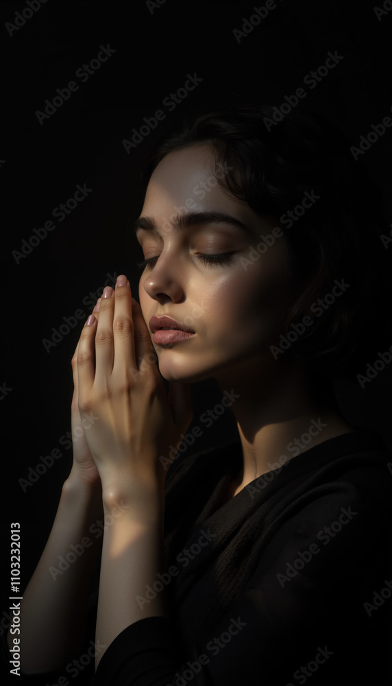 Serene Portrait of a Woman with Closed Eyes Resting Her Face in Hands, Captured in Low-Key Lighting for a Minimalist and Emotional Mood Serene Portrait of a Woman with Closed Eyes Resting Her Face in Hands, Captured in Low-Key Lighting for a Minimalist and Emotional Mood