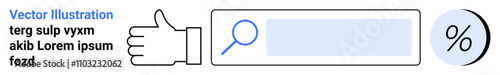 Thumbs up hand, magnifying glass search bar, and percentage icon. Ideal for SEO, web design, user engagement, analytics, digital marketing, feedback, and data visualization. Landing page