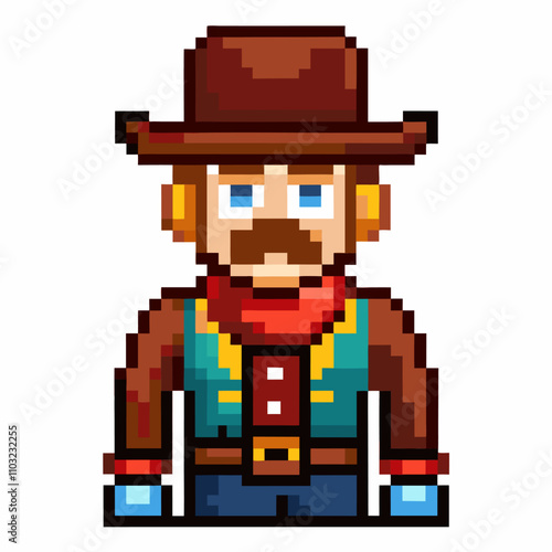 Pixel Art Cowboy Character with Hat, Mustache, and Bandana in Retro Video Game Style