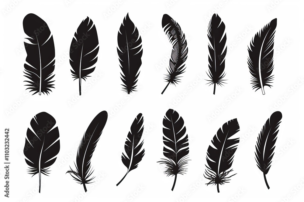 Feather icon, animal feathers isolated, black plume symbol, minimal plume silhouette on white Feather icon, animal feathers isolated, black plume symbol, minimal plume silhouette on white