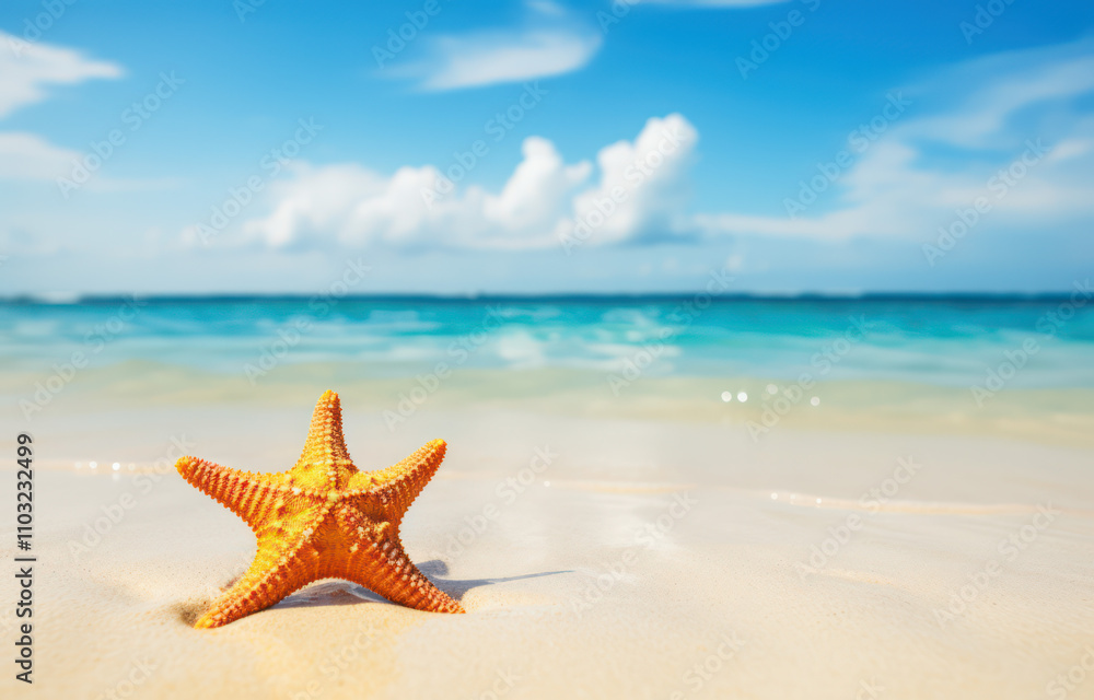 Starfish on Sandy Beach with Calm Turquoise Ocean and Lush Blue Sky in Background, Perfect for Tropical Vacation or Nature Themes Starfish on Sandy Beach with Calm Turquoise Ocean and Lush Blue Sky in Background, Perfect for Tropical Vacation or Nature Themes