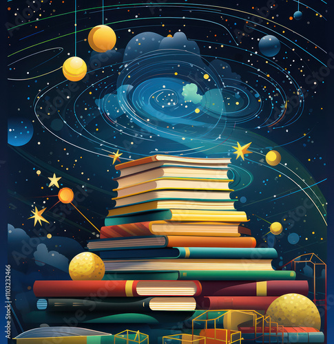 A Stack of Books Against a Cosmic Background Featuring Stars, Planets, and a Galaxy Representing the Universe of Knowledge and Imagination photo