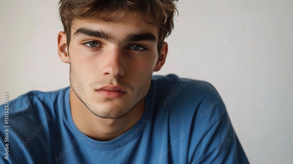 Young Man with Thoughtful Expression in Casual Blue T-Shirt Young Man with Thoughtful Expression in Casual Blue T-Shirt