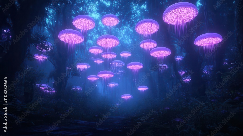 Obraz premium A mesmerizing scene of glowing jellyfish suspended in a mystical forest