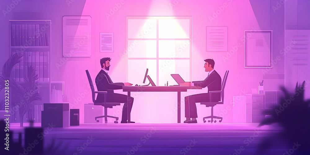Businessmen Collaborate at Desk in Modern Office Illustration Businessmen Collaborate at Desk in Modern Office Illustration