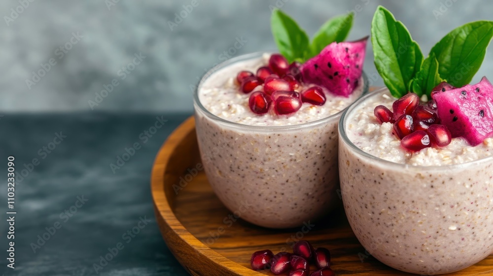 Vibrant overnight oats topped with dragon fruit and pomegranate seeds for a healthy, colorful breakfast delight. Vibrant overnight oats topped with dragon fruit and pomegranate seeds for a healthy, colorful breakfast delight.