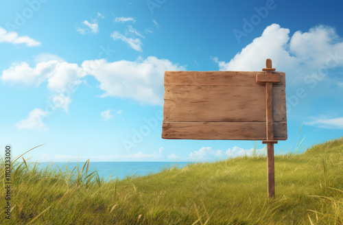 Rustic Wooden Signpost in a Lush Green Landscape Under a Bright Blue Sky with Soft White Clouds, Ideal for Directional Messages and Nature Themes photo