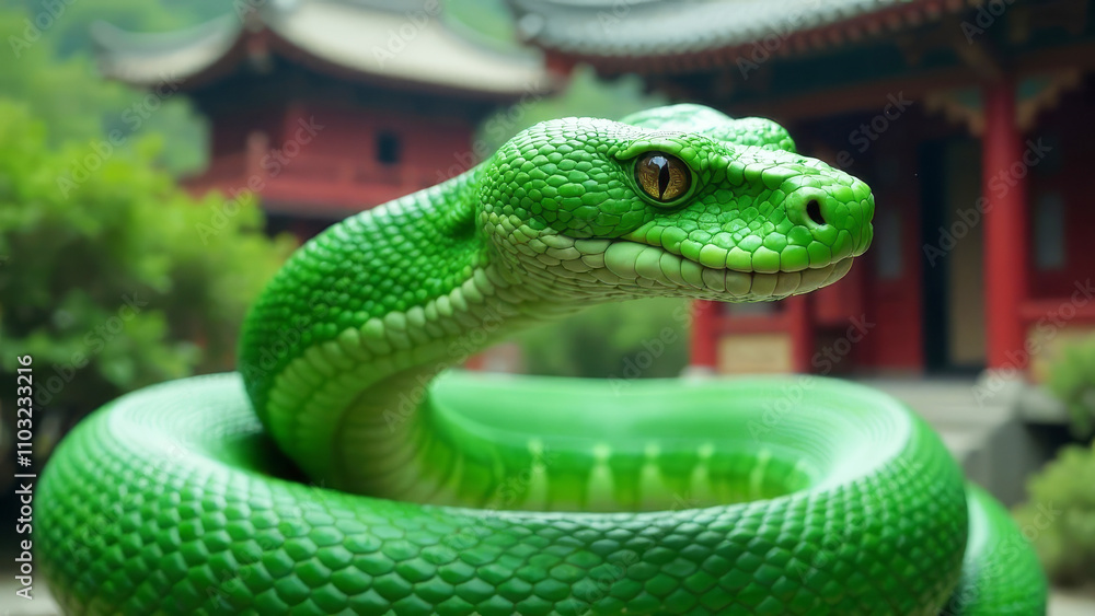Fototapeta premium A large, green snake as a symbol of the year against the background of traditional Chinese style houses. Christmas and New Year celebration concept.