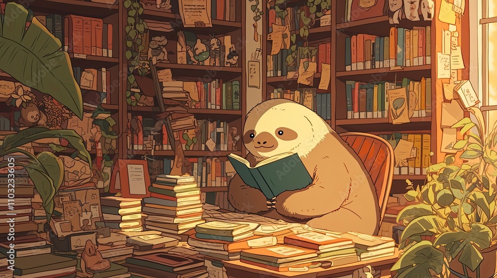 Fototapeta premium Sloth Reading in a Cozy Book Filled Library