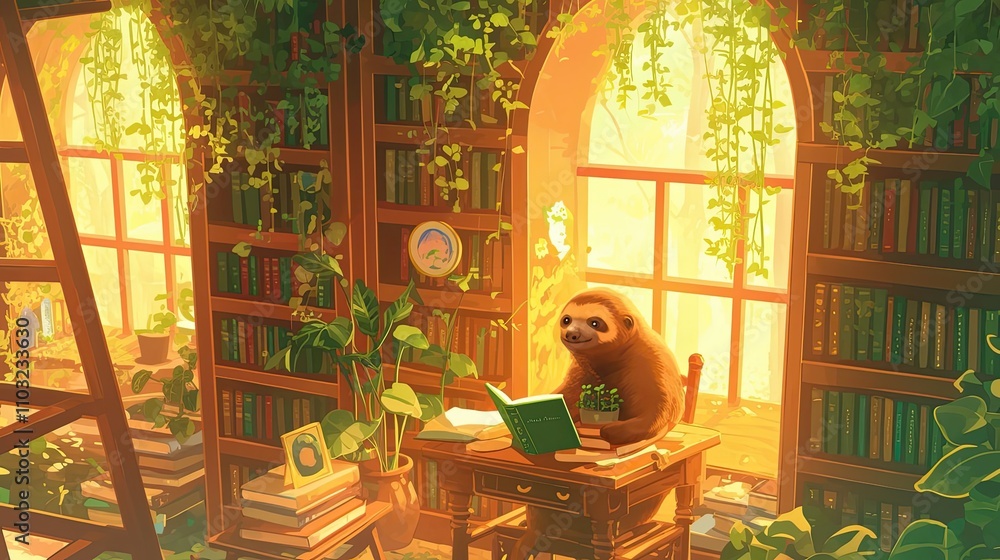 Fototapeta premium Sloth Reading in a Sunlit Botanical Library