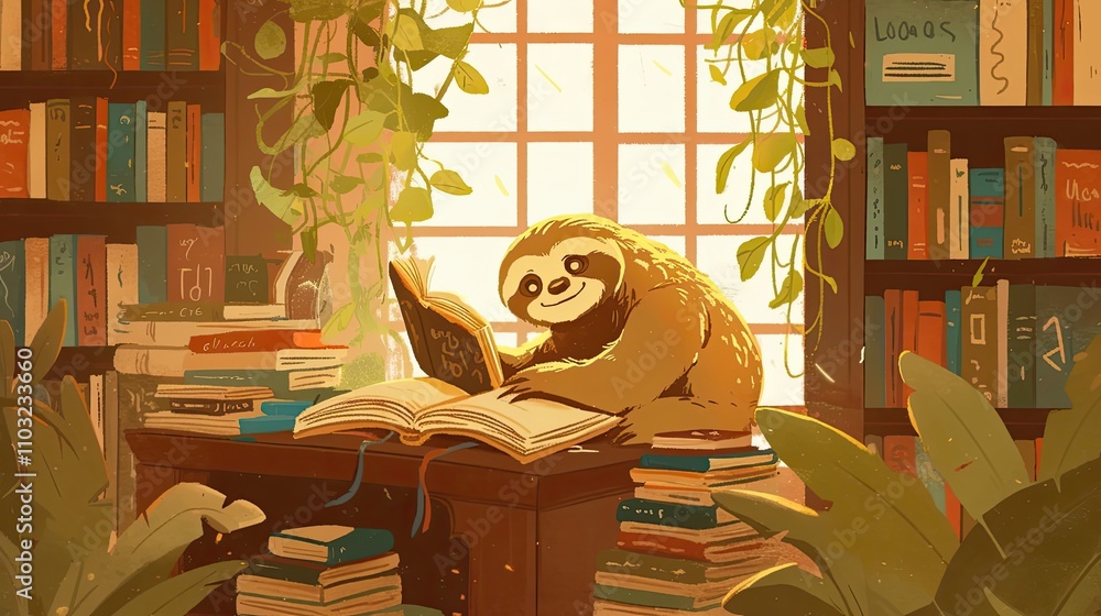 Fototapeta premium Sloth Reading Books In A Cozy Library Setting