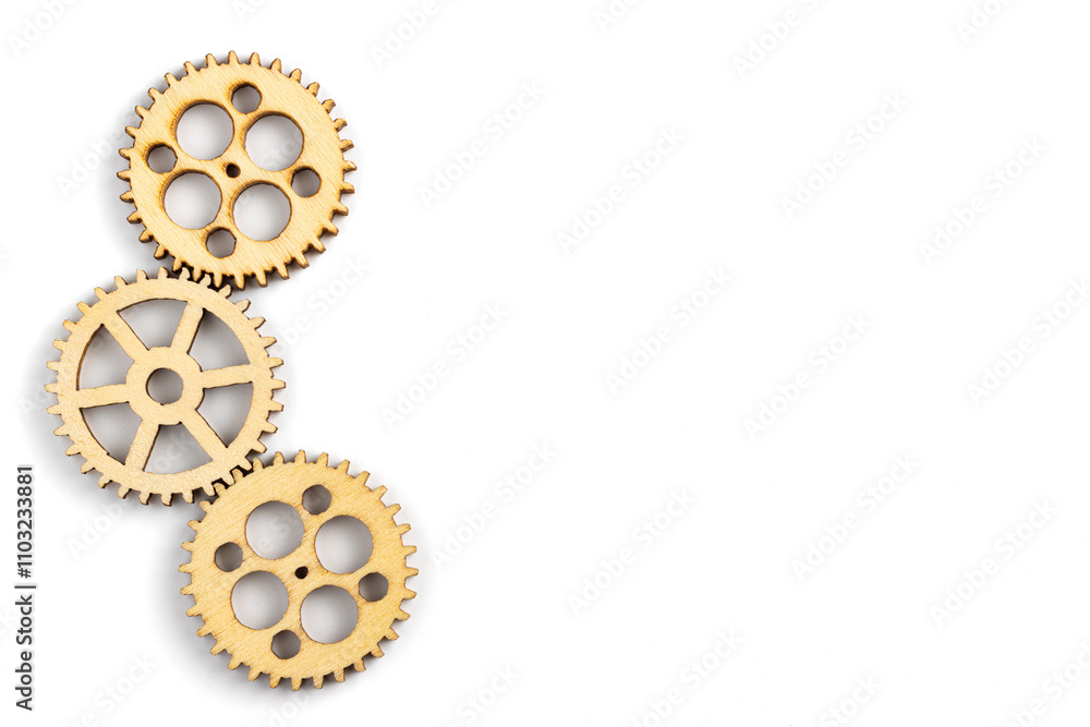 Wooden gear isolated on white background. empty space for copy space. concept of progress, workflow, automation, business process. Wooden gear isolated on white background. empty space for copy space. concept of progress, workflow, automation, business process.