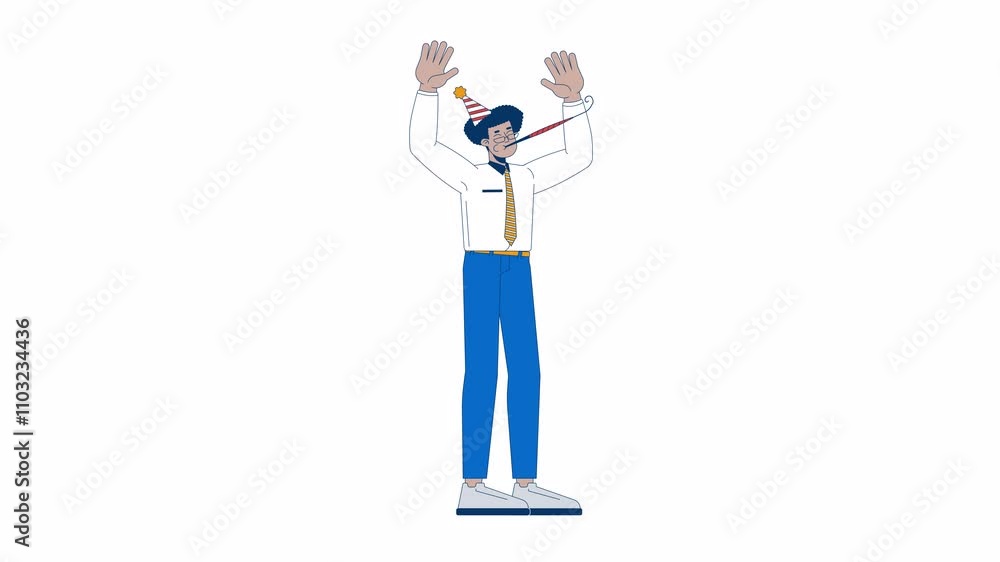 Hispanic office worker blowing into party horn 2D character animation. Noisemaker cartoon 4K video, alpha channel. Latin american employee with whistle blower animated person on white background Hispanic office worker blowing into party horn 2D character animation. Noisemaker cartoon 4K video, alpha channel. Latin american employee with whistle blower animated person on white background