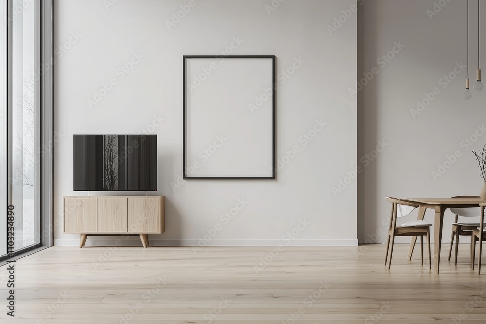 Fototapeta premium Minimalist living room interior with a large window, a television, a dining table with chairs, and a blank framed artwork.