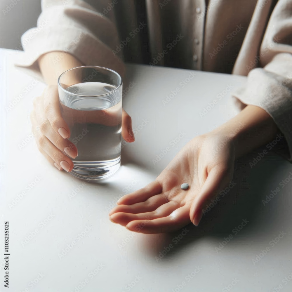 A tablet in a woman's hand and a glass of water on a white background. Taking medication. AI grnerated. A tablet in a woman's hand and a glass of water on a white background. Taking medication. AI grnerated.
