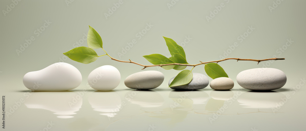 Tranquil Composition of Smooth Stones and Green Leaves on Reflective Surface for Zen Decor and Spa Environments
