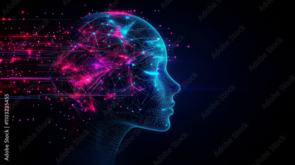 Neon face silhouette in cyberspace. Digital technology abstract conceptual banner. Human neon face in future tech line art style. Neural network mind in digital virtual reality. AI learning techniques Neon face silhouette in cyberspace. Digital technology abstract conceptual banner. Human neon face in future tech line art style. Neural network mind in digital virtual reality. AI learning techniques