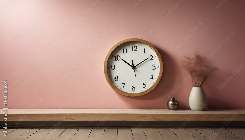 Minimalistic wall clock on a pink wall with decorative items, conveying a modern, serene, and stylish setting in soft tones Minimalistic wall clock on a pink wall with decorative items, conveying a modern, serene, and stylish setting in soft tones