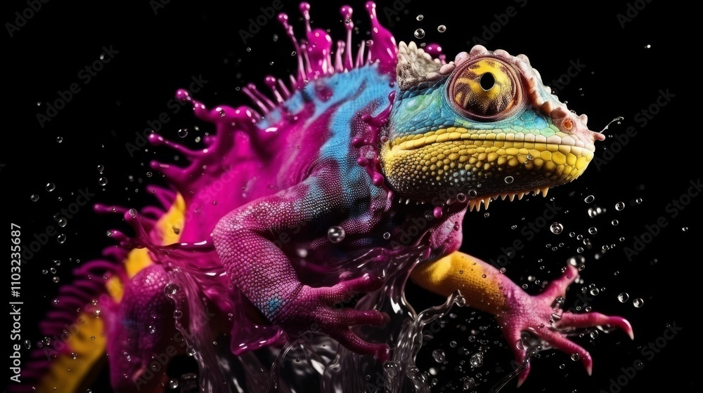 Vibrant chameleon amidst a splash of paint a unique artistic expression of creativity Vibrant chameleon amidst a splash of paint a unique artistic expression of creativity