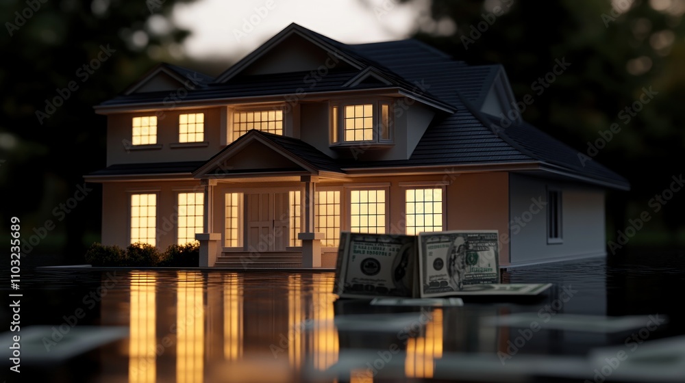 Illuminated House Submerged in Financial Crisis: A Nighttime Scene Illuminated House Submerged in Financial Crisis: A Nighttime Scene