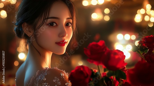 Romantic Woman with Red Roses