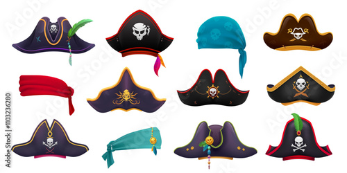Cartoon pirate hats, corsair captain tricorns and sailor bandana. Vector set of carnival buccaneer, filibuster cocked hats, seaman headwear or head scarves, rover caps with feathers and jolly rogers