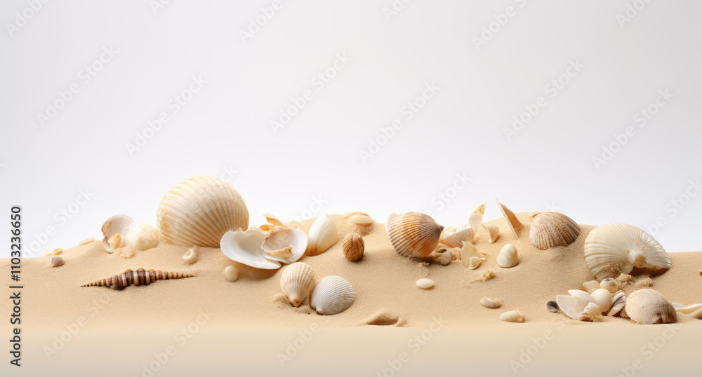 A Collection of Various Seashells on Sandy Beach, Showcasing Unique Shapes and Textures Against Soft, Neutral Background for Aesthetic Coastal Decoration A Collection of Various Seashells on Sandy Beach, Showcasing Unique Shapes and Textures Against Soft, Neutral Background for Aesthetic Coastal Decoration