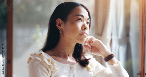 Thinking, serious and Asian woman in home, remember and writer with inspiration, ideas and creative. House, contemplating and planning for self publishing, entrepreneur or mindset for future in Japan photo