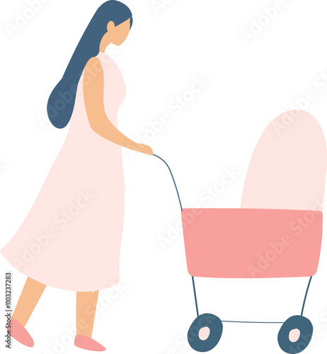 Stylized vector flat style mother walking with stroller silhouette isolated on background