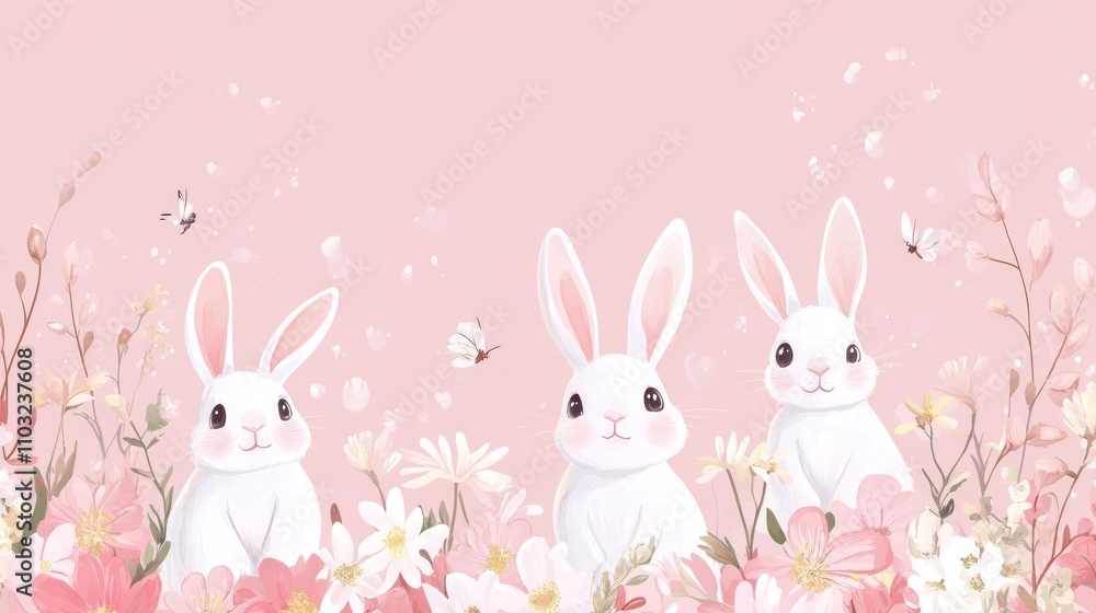 Adorable Pink Rabbits in a Floral Garden Adorable Pink Rabbits in a Floral Garden